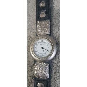 Vtg Futura Quartz Watch Women Silver‎ Ornate Black Leather Band Needs Battery